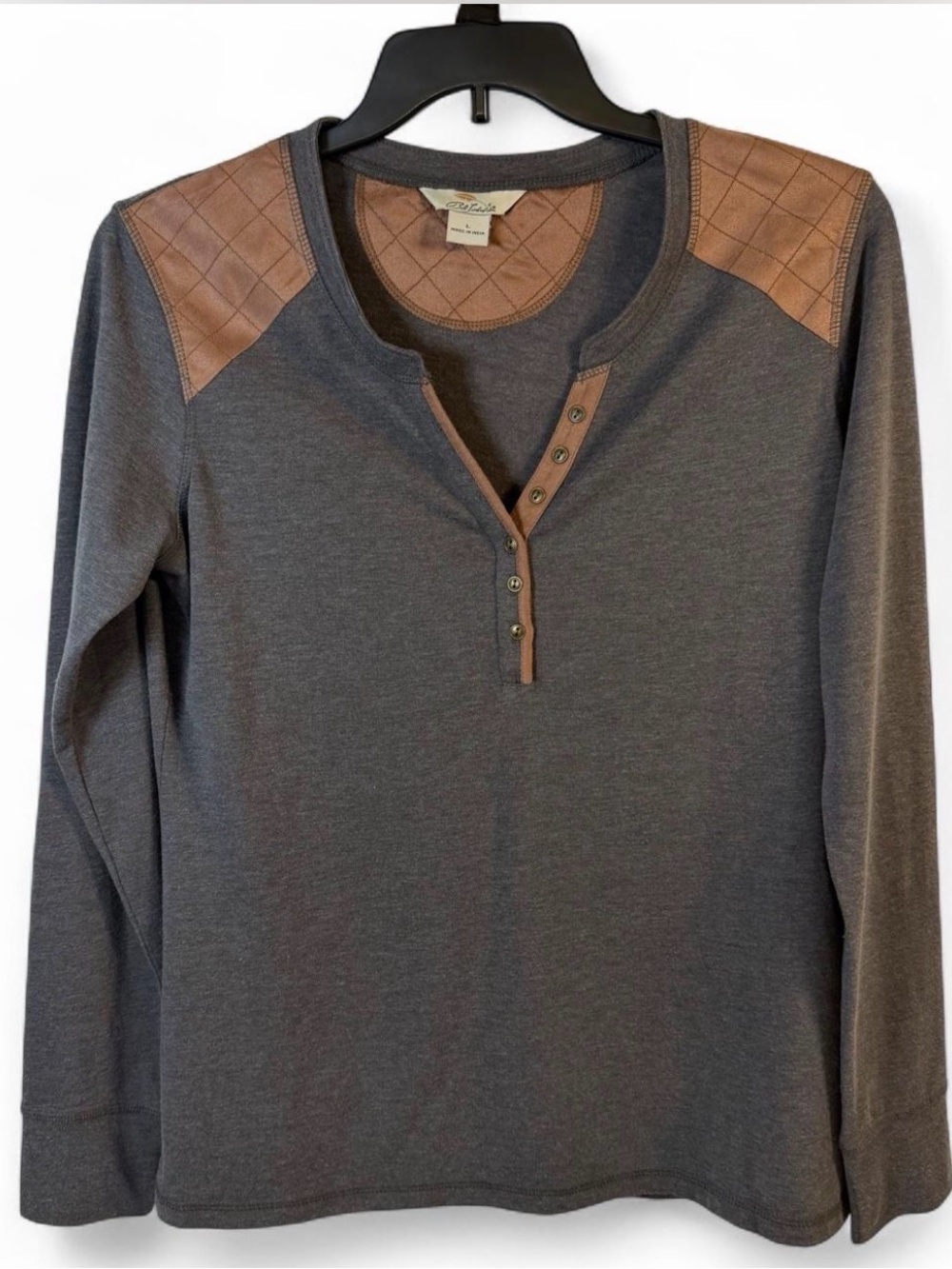 Bob Timberlake Men’s Charcoal V-Neck Sweater/Brown Quilted Shoulder Accents, L